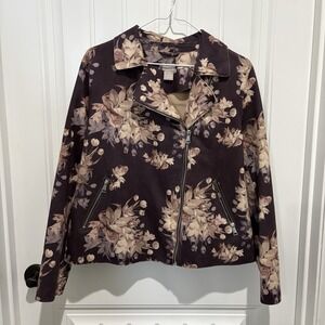 Chicos Moto Jacket Short Women's Medium Brown Floral Paisley Asymmetrical Zip